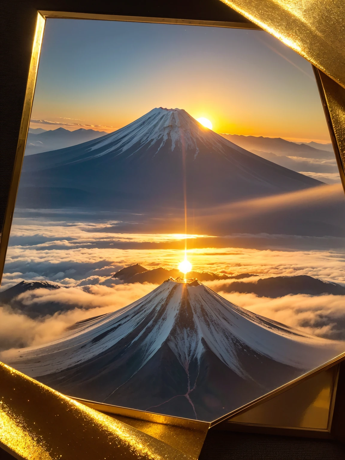 (The sun rises over the red Mount Fuji:1.5) Simple style, Highest quality, beautiful,Fractal Art,Holy Light,Gold foil,Gold leaf art,Self-illumination,Expressing through photography