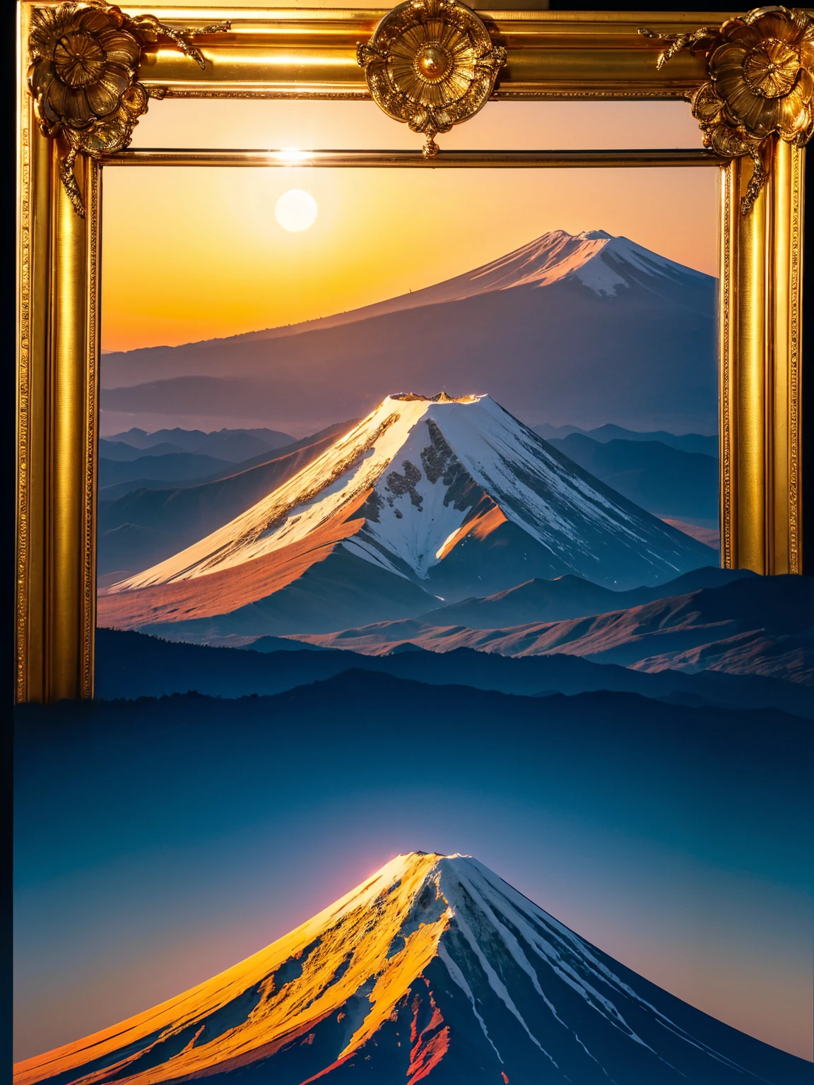 (The sun rises over the red Mount Fuji:1.5) Simple style, Highest quality, beautiful,Fractal Art,Holy Light,Gold foil,Gold leaf art,Self-illumination,Expressing through photography