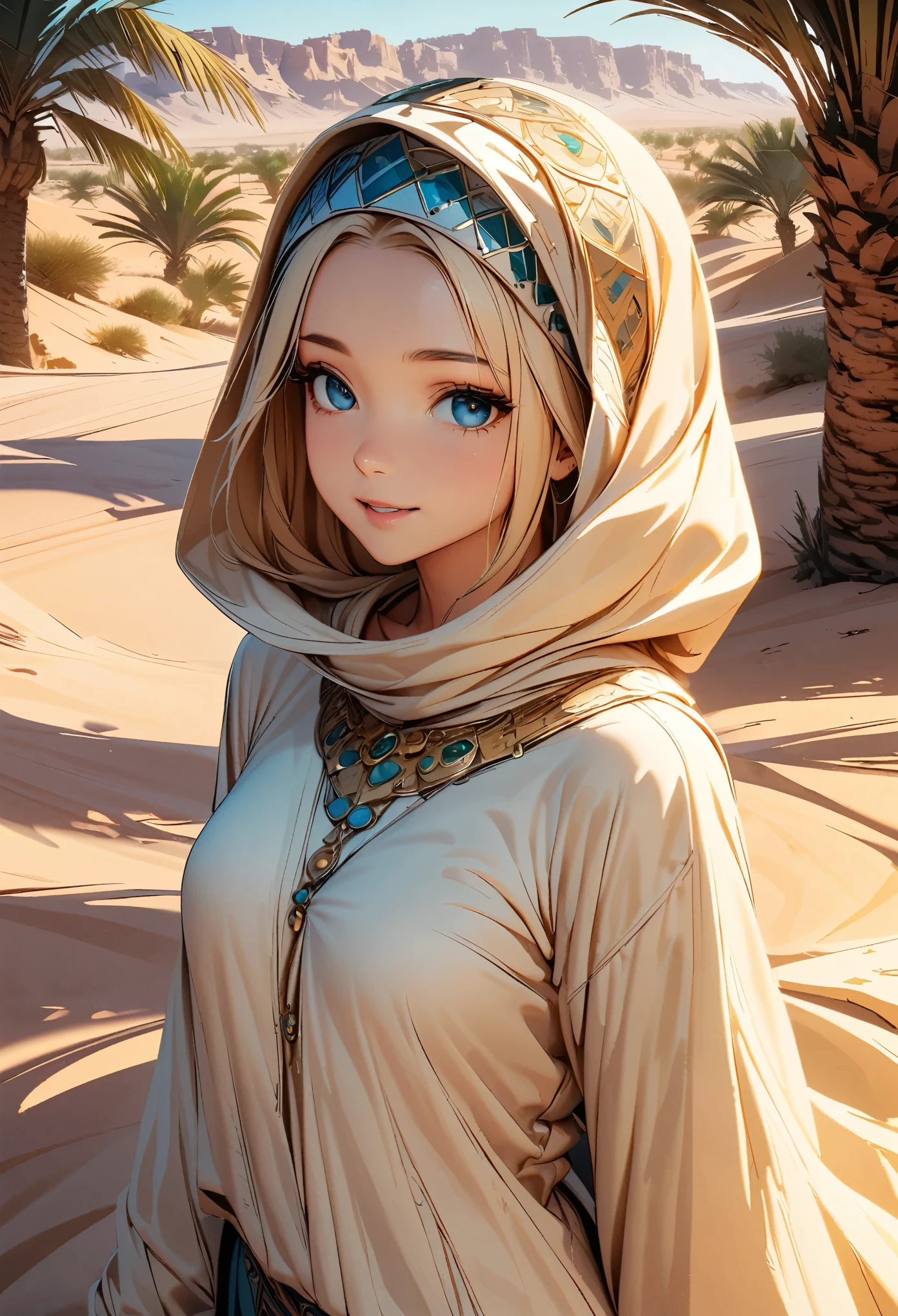 Beautiful young woman, Desert Princess, Sharp Eye, Delicate facial features, Abaya hides the body lines, Hijab to cover hair, flowing robe, Intricate Jewelry, Ornate headdress, Desert Landscape, Sunny, Golden Dunes, oasis, Palm tree, Dramatic lighting, Cinematic, Digital illustration, 8K, high quality, Super detailed.