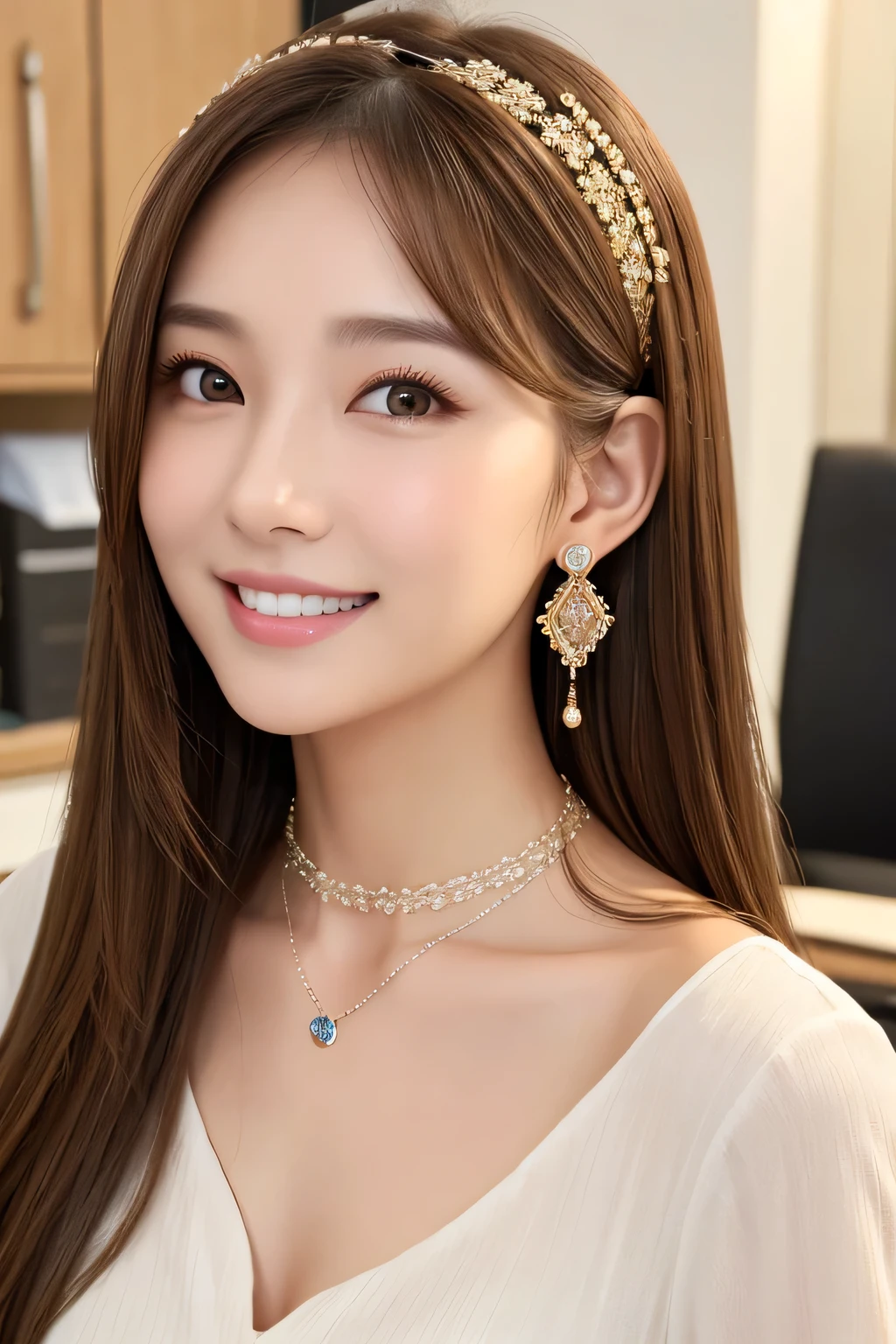 young woman、Light brown hair、、hairstyle semi long、ear piercing、Necklace around the neck、blouse、Emphasize the chest、smile、Beautiful teeth alignment、Intricate details, Very detailed:1.2), 、hair band、 Looking into the camera、The background is the office