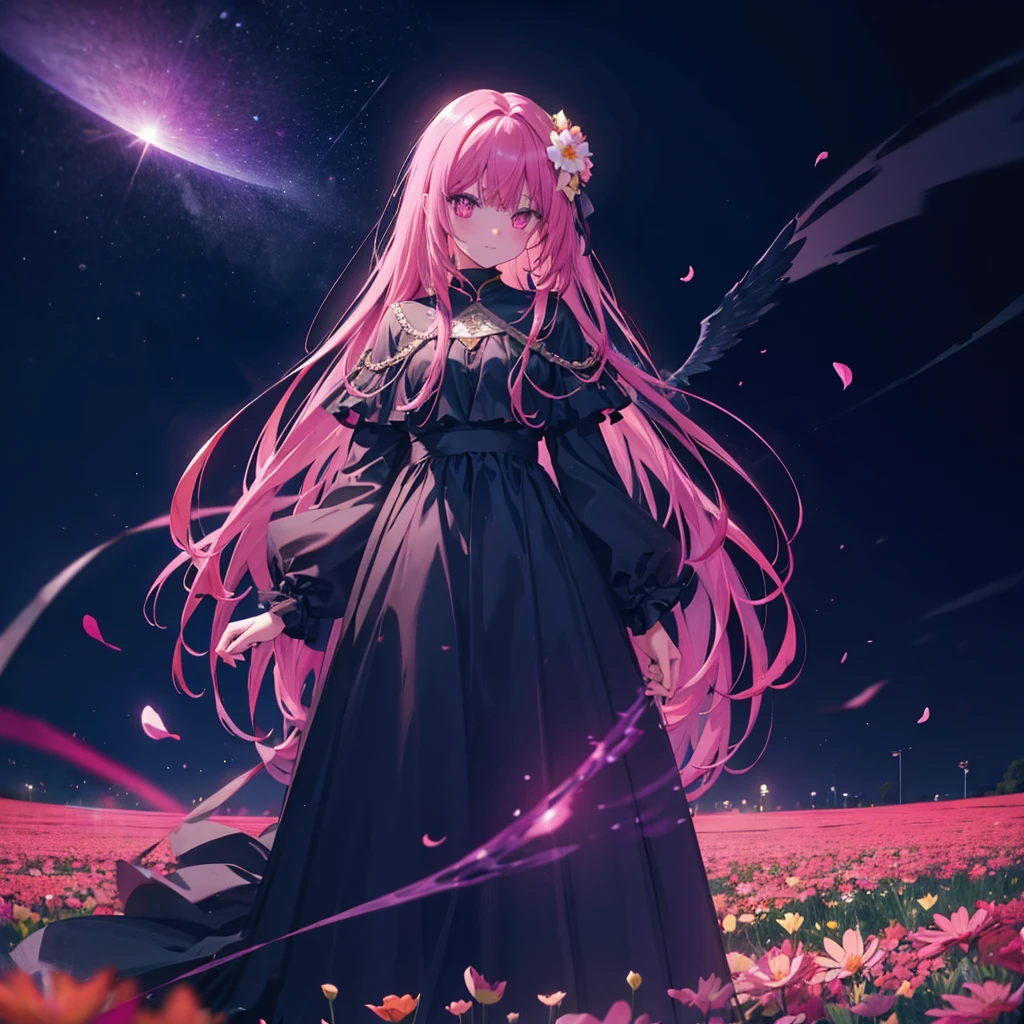 ((((Standing in a flower field)))) (((Long Hair Pink Eyes Pink Hair Black Dress Archangel))) ((night 満moon Western style Shining Aura Face is close Standing in a flower field Close-up)) Broken glass Big ribbon moon star Catch the wind