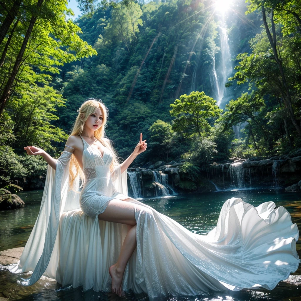 Blonde beauty in a sexy white long dress rides a flying dragon。One hand raised and pointing。Deep forest and lake below。blue sky。Sun rays flare。