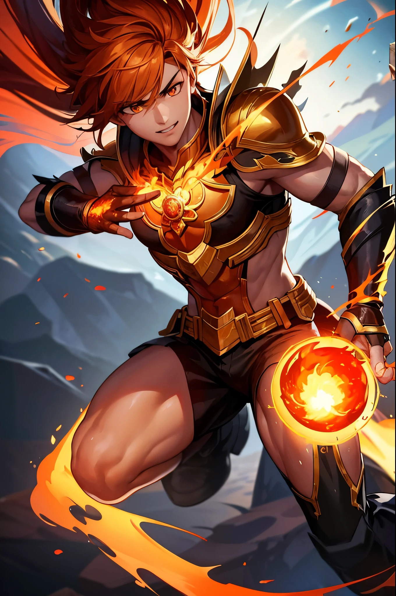8K,A very young boy, the God of Fire, clothed in the energy of a 16-year-old.,Super handsome(Like the real thing),He looks at the audience with a fearless smile.,Orange Hair,Orange Flame Armor(Fire God Crest),Orange Flame Gauntlet(Fire God Crest),Orange Flame Leg Guards(Fire God Crest),Dark and desolate land,Photorealistic RAW photos of the highest quality。Bright colors,Rich colors, Backlight, Cinema Lighting, Film Grain, 50mm lens, Nikon D850,Realistic Skin,Fantasy art,Character Art,Ultra-high resolution,Realistic Skin,Extremely strong and defined abs,bulging muscles,A 16-year-old boy who is the god of fire,Golden Eyes,Black Flame God Outfit(Orange flame emblem filigree),