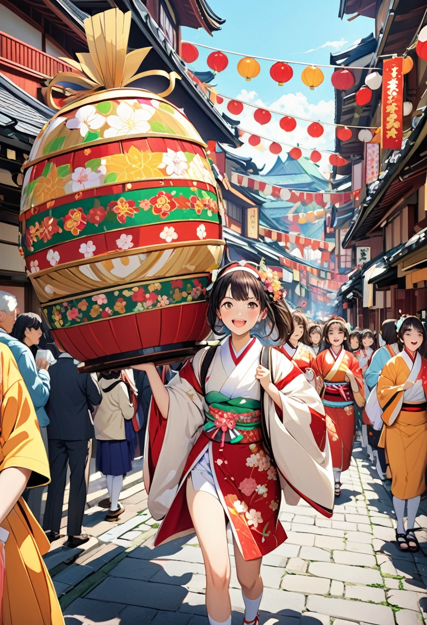 (masterpiece, best quality:1.1),A vibrant scene of young girls joyfully carrying a beautifully decorated ((mikoshi)) through the streets of town during the japanese festival.The girls are dressed in traditional festival attire with happi coats and headbands and loincloth, surrounded by festive decorations and cheering crowds. The background features historical Japanese buildings and colorful banners.