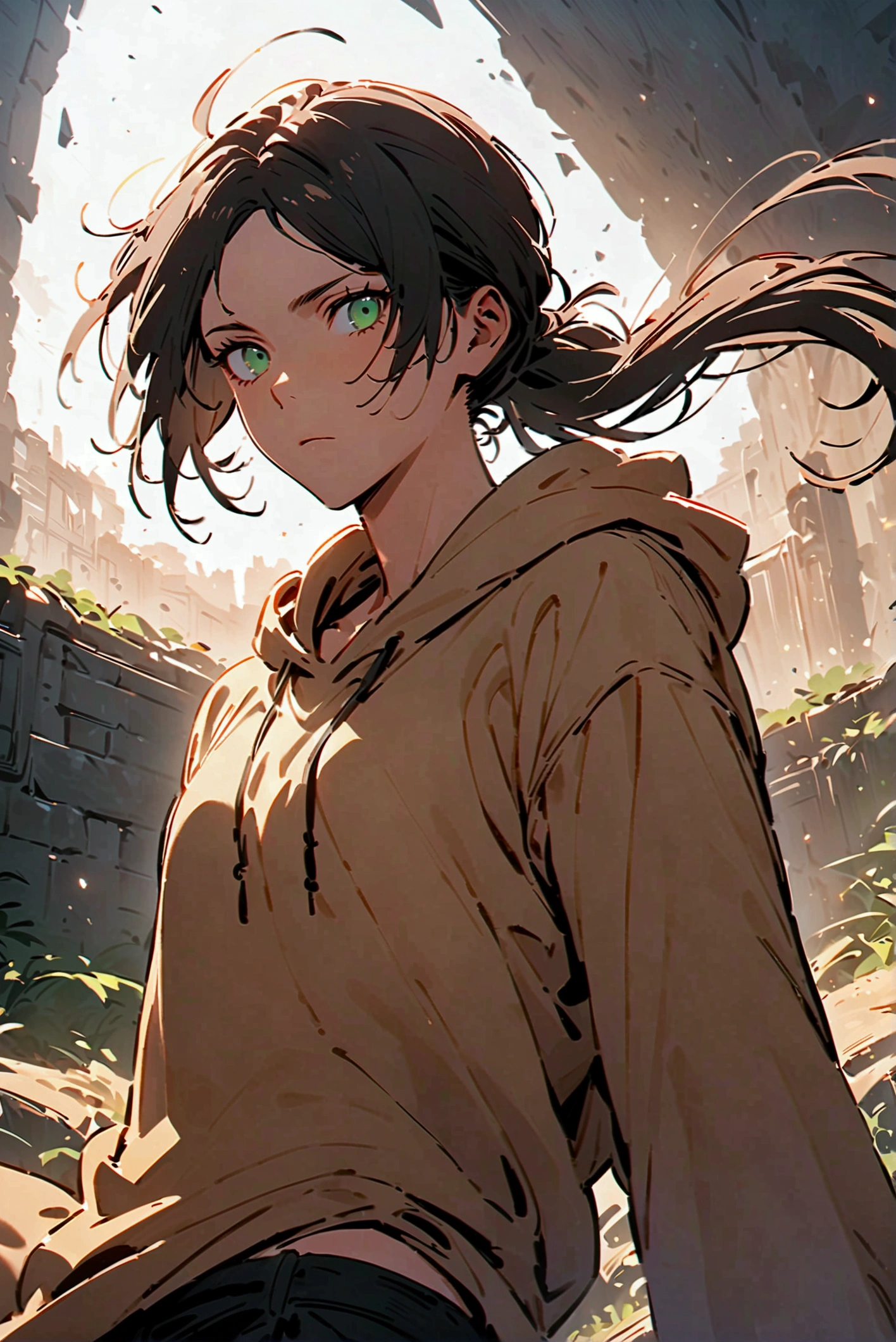 Brown Long Hairstyle、Handsome man in his 20s(1 male,Ellen Yeager)(Attack on Titan),Green Eyes,Expressionless,(He is wearing a beige T-shirt、On top of that, I'm wearing a long hoodie.),(masterpiece:1.3),(Highest quality:1.4),(Very detailedな:1.5),High resolution,Very detailed,unity 8k wallpaper,Decadent,Wind,Achieve smooth design