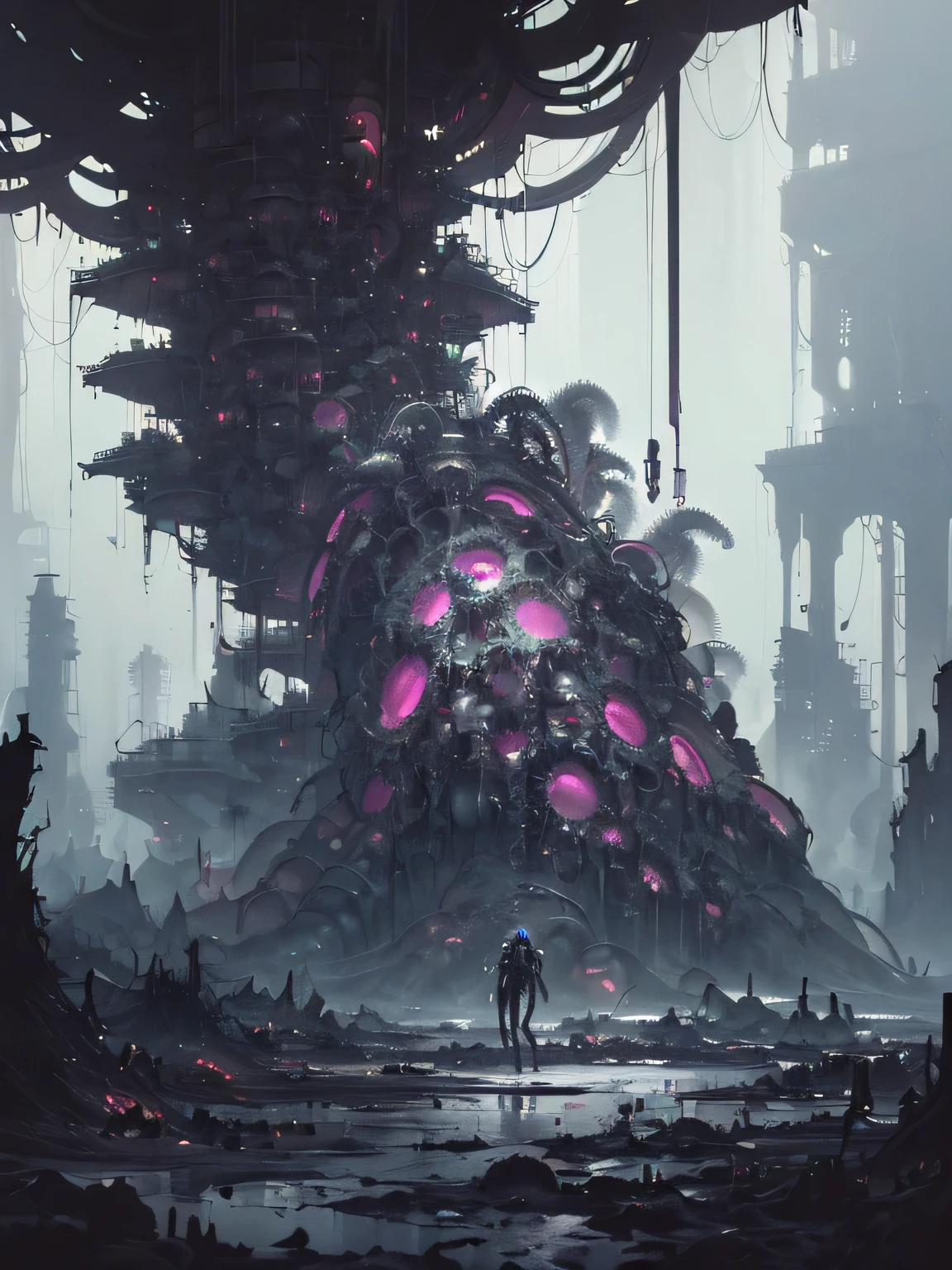 (((s.Ton.a.large.potassium.This is.R. Play Style))), ((Dark Tentacle Biopunk Art)), Biochemical Boy, Riflemen, Metal cover, The Art of Hopelessness, Dark Arts, Dystopian Art, ((Gloomy Biopunk)), Dark oily liquid, A damaged environment, Gloomy landscape, Highly detailed art, Very detailed background