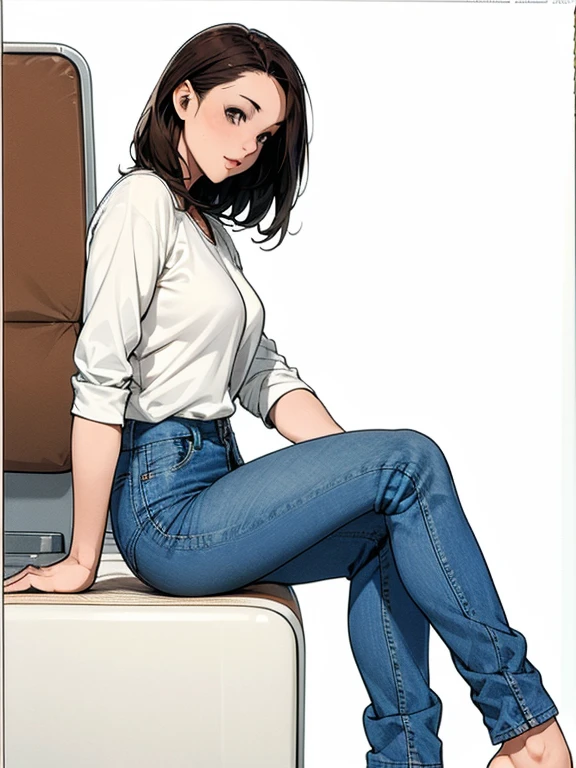 Detailed character sheet, Front view, Side view, Oblique view, with a white returnground, show women, 30 years old, with short dark brown hair combed return, Light casual clothing, Wearing tight denim jeans. The seat includes different angles, Front desk etc.., return, and Side views, Model and Reference Sheets, Full body painting. The ratio is based on 7.5 Head Scale.