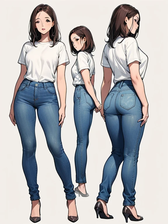 Detailed character sheet, Front view, Side view, Oblique view, with a white returnground, show women, 30 years old, with short dark brown hair combed return, Light casual clothing, Wearing tight denim jeans. The seat includes different angles, Front desk etc.., return, and Side views, Model and Reference Sheets, Full body painting. The ratio is based on 7.5 Head Scale.