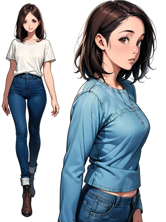 Detailed character sheet, Front view, Side view, Oblique view, with a white returnground, show women, 30 years old, with short dark brown hair combed return, Light casual clothing, Wearing tight denim jeans. The seat includes different angles, Front desk etc.., return, and Side views, Model and Reference Sheets, Full body painting. The ratio is based on 7.5 Head Scale.