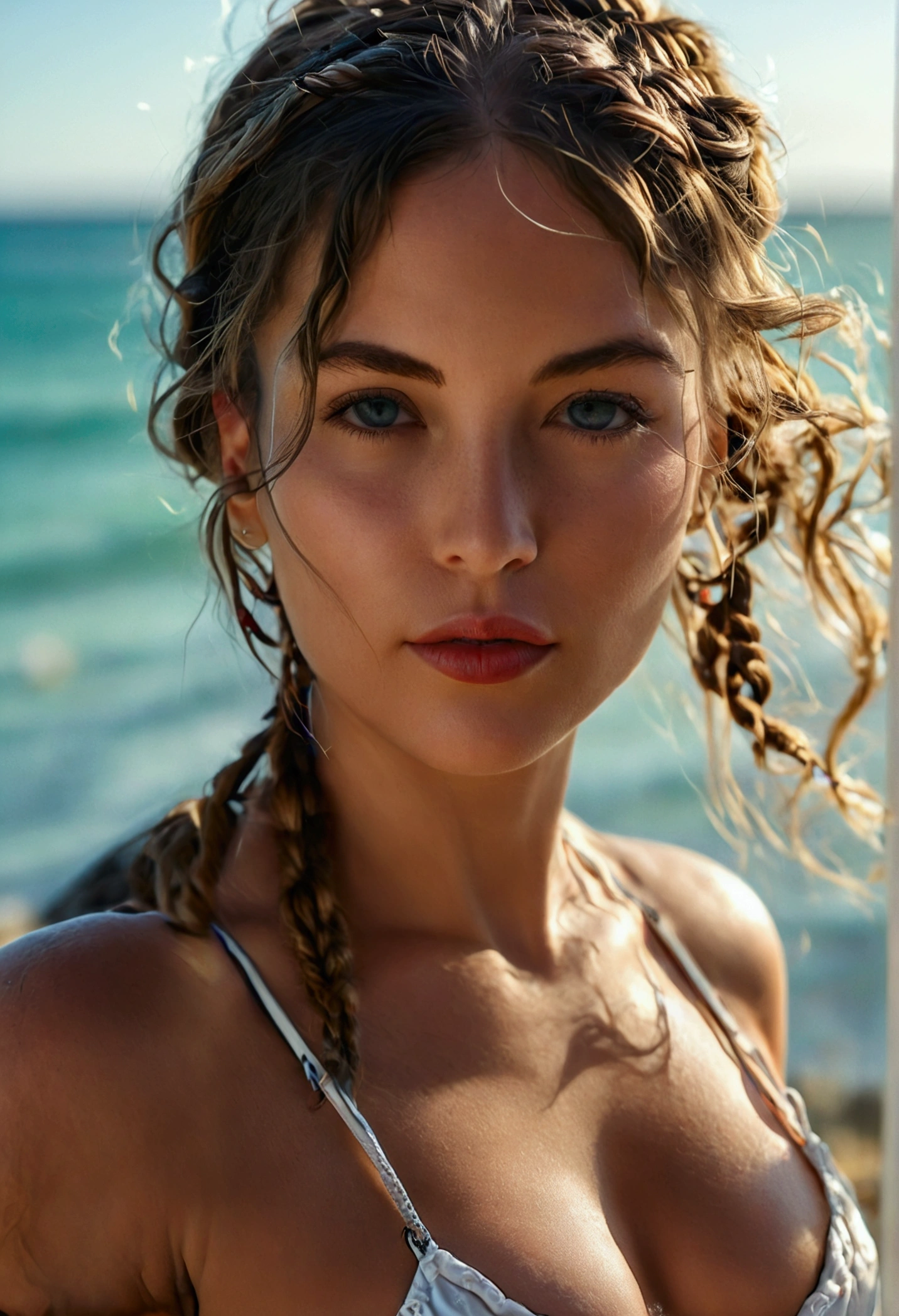 selfie, taken with top quality iphone camera, in 8K, masuter work, lifelike, Sharp Focus, high quality, high resolution, Detailed face, Detailed eyes, Thick lips, (beach lingerie), solo, Middle aged woman, Beautiful Woman, 35 years old, curvy, Hair in two braids, cleavage, beach background