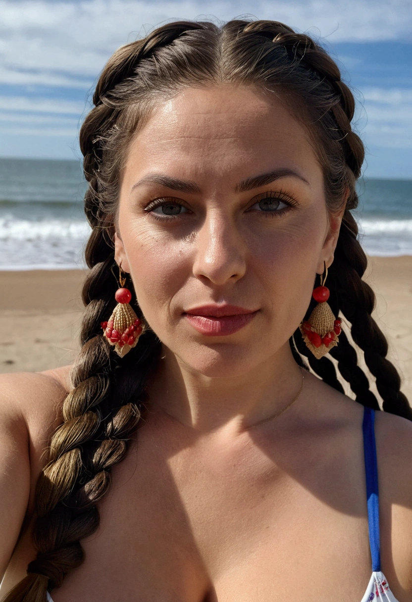 selfie, taken with top quality iphone camera, in 8K, masuter work, lifelike, Sharp Focus, high quality, high resolution, Detailed face, Detailed eyes, Thick lips, (beach lingerie), solo, Middle aged woman, Beautiful Woman, 35 years old, curvy, Hair in two braids, cleavage, beach background