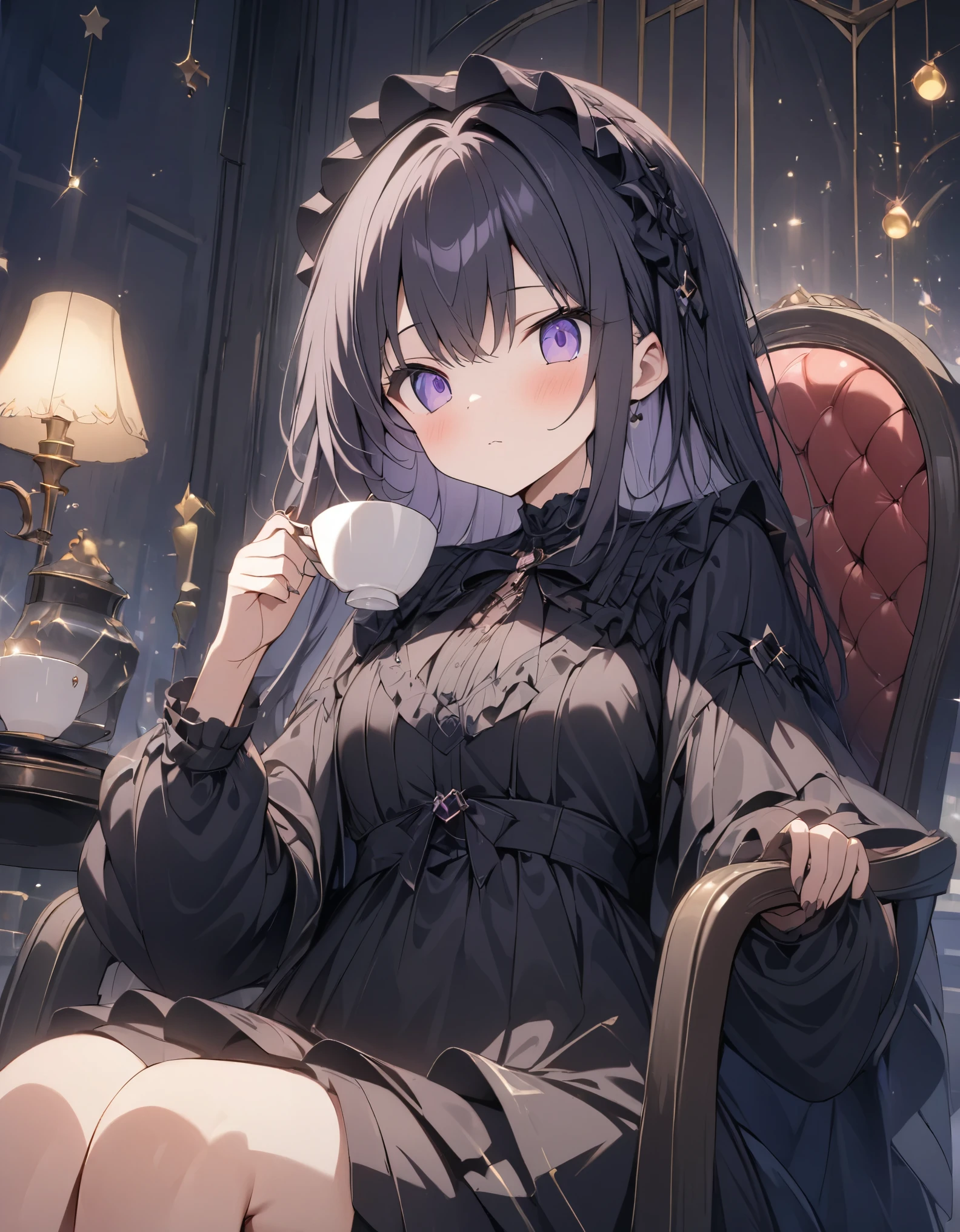 anime style:1.4),超High resolution, Attention to detail, high quality, High resolution, 最high quality, 4K, 8K、bokeh, background, glitter,f/28mm、A room filled with light、Gothic dresses、Gothic room、Sitting in a chair drinking tea、Lady、(Purple Hair:0.5)