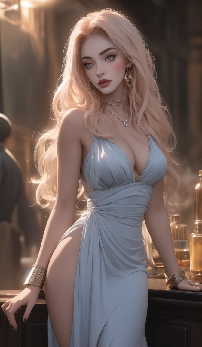 em uma rua iluminada com uma Bugatti atrás Illustration in styles of Harrison Fisher, Jeremy Mann, Alexandre Cabanel, and Tomer Hanuka, of a stunningly beautiful lady sexy big big tits decote em V Megan Fox girl Power fênix + Avril Lavigne clad in an long dress, em seus pés with the contradiction of men's sandália, atmosphere that balances the delicate and the rugged, soft pastel hues for the dress pink Blue contrasting their sturdy, leather exterior, textures that interplay tone as if at