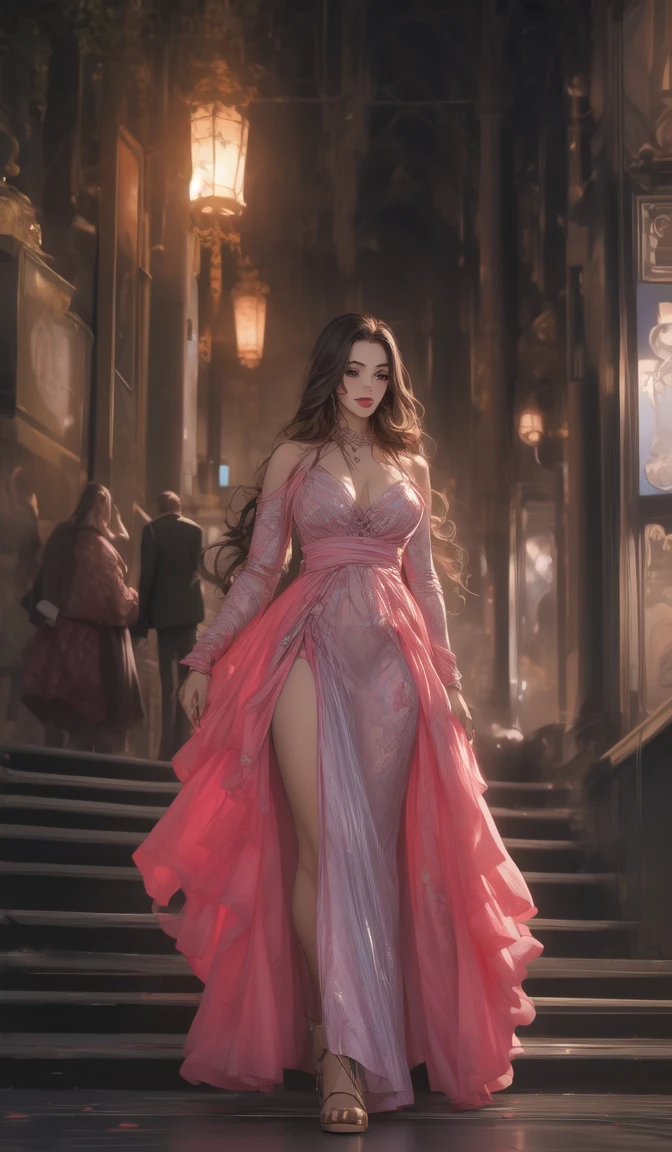 em uma rua iluminada com uma Bugatti atrás Illustration in styles of Harrison Fisher, Jeremy Mann, Alexandre Cabanel, and Tomer Hanuka, of a stunningly beautiful lady sexy big big tits decote em V Megan Fox girl Power fênix + Avril Lavigne clad in an long dress, em seus pés with the contradiction of men's sandália, atmosphere that balances the delicate and the rugged, soft pastel hues for the dress pink Blue contrasting their sturdy, leather exterior, textures that interplay tone as if at
