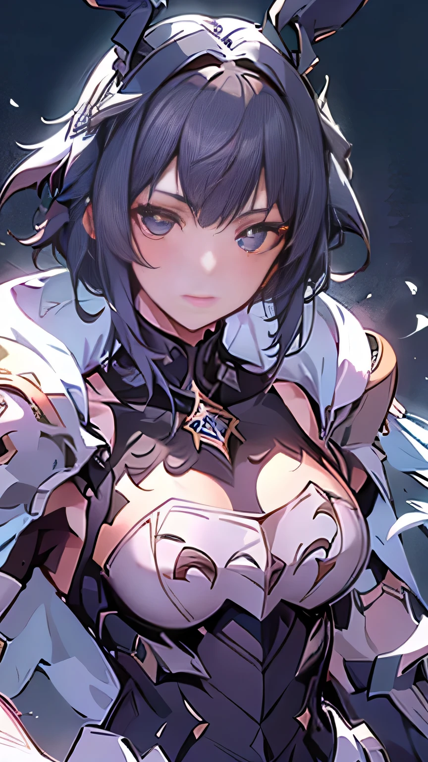 black hair, hair behind ear, head wreath, rabbit ears, anime, sparkle, super detail, high details, ((detailed face, detailed eyes)), textured skin, ((masterpiece)), ((accurate)), high quality, highres, best quality, 8k, Knight in steel armor, Gained military honors, Dust and blood, sunset, Giant Sword