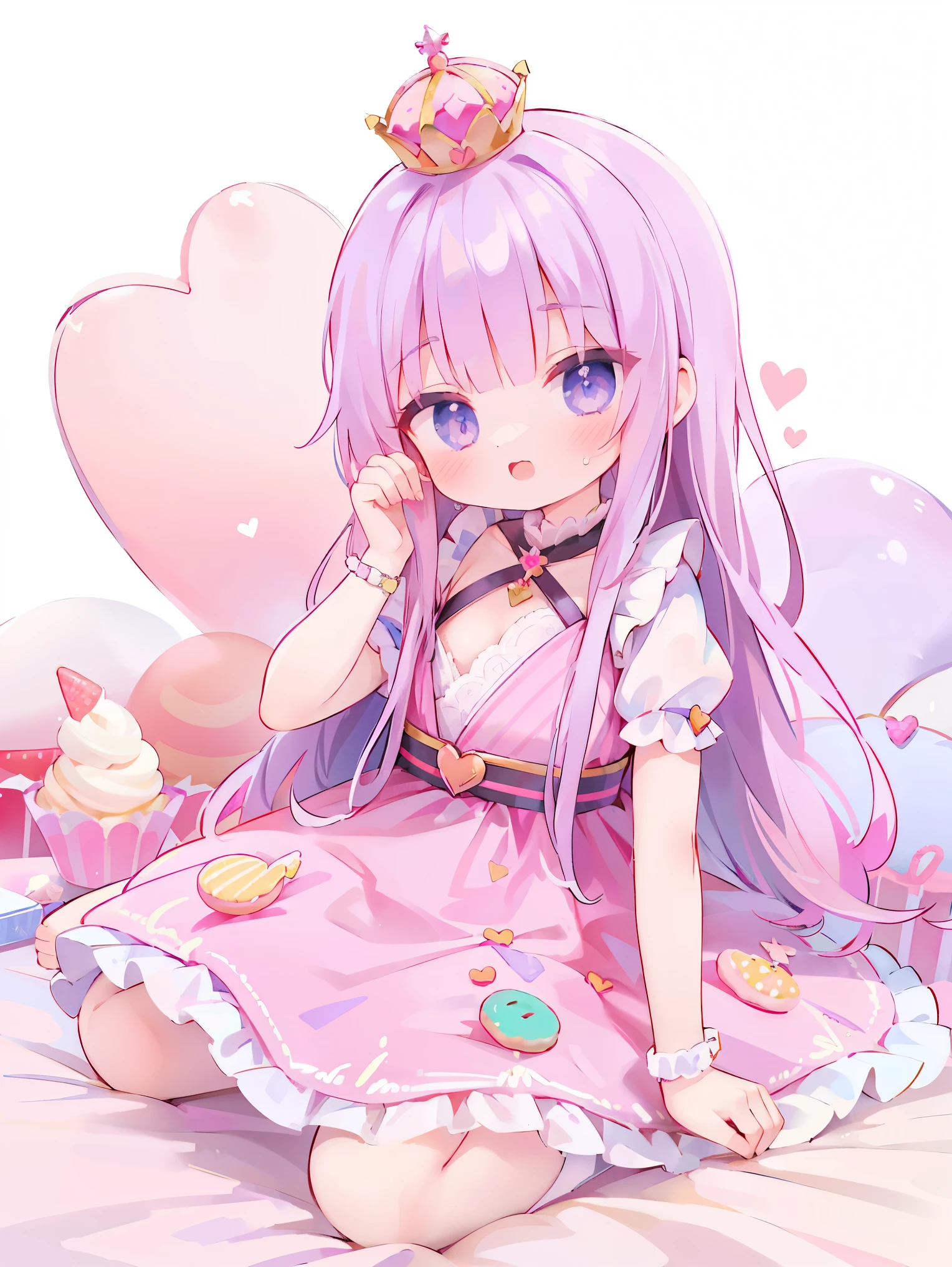 young woman, Princess, diadem on the head, purple hair, pink dress, candies, candies на одежде, candies в волосах, Donuts, cupcakes