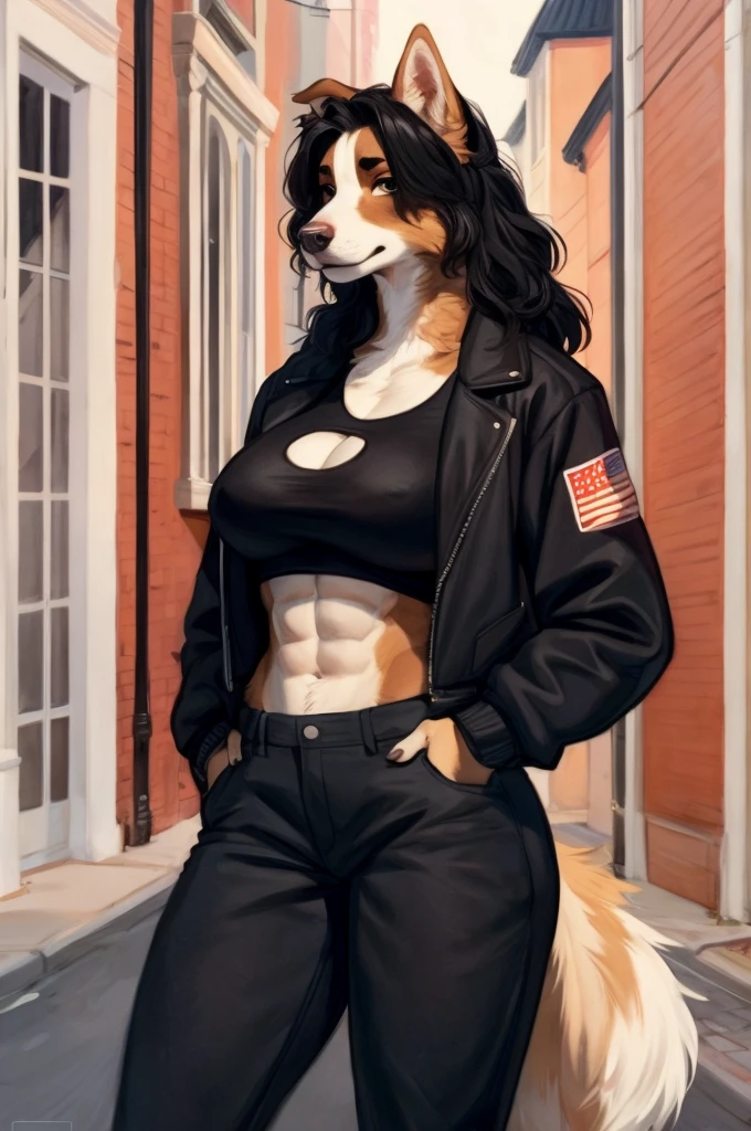 By bebebebebe, by lostgoose, by goonie-san, (by spuydjeks), solo, female, standing, canine, (border collie, detailed eyes), ((snout, hair)), (tan fur, brown fur), wavy hair, black hair, big breasts, hands behind back, looking at viewer, English city, brown townhouses, standing in the city, (high-waisted black jeans), crop shirt, jacket, abs