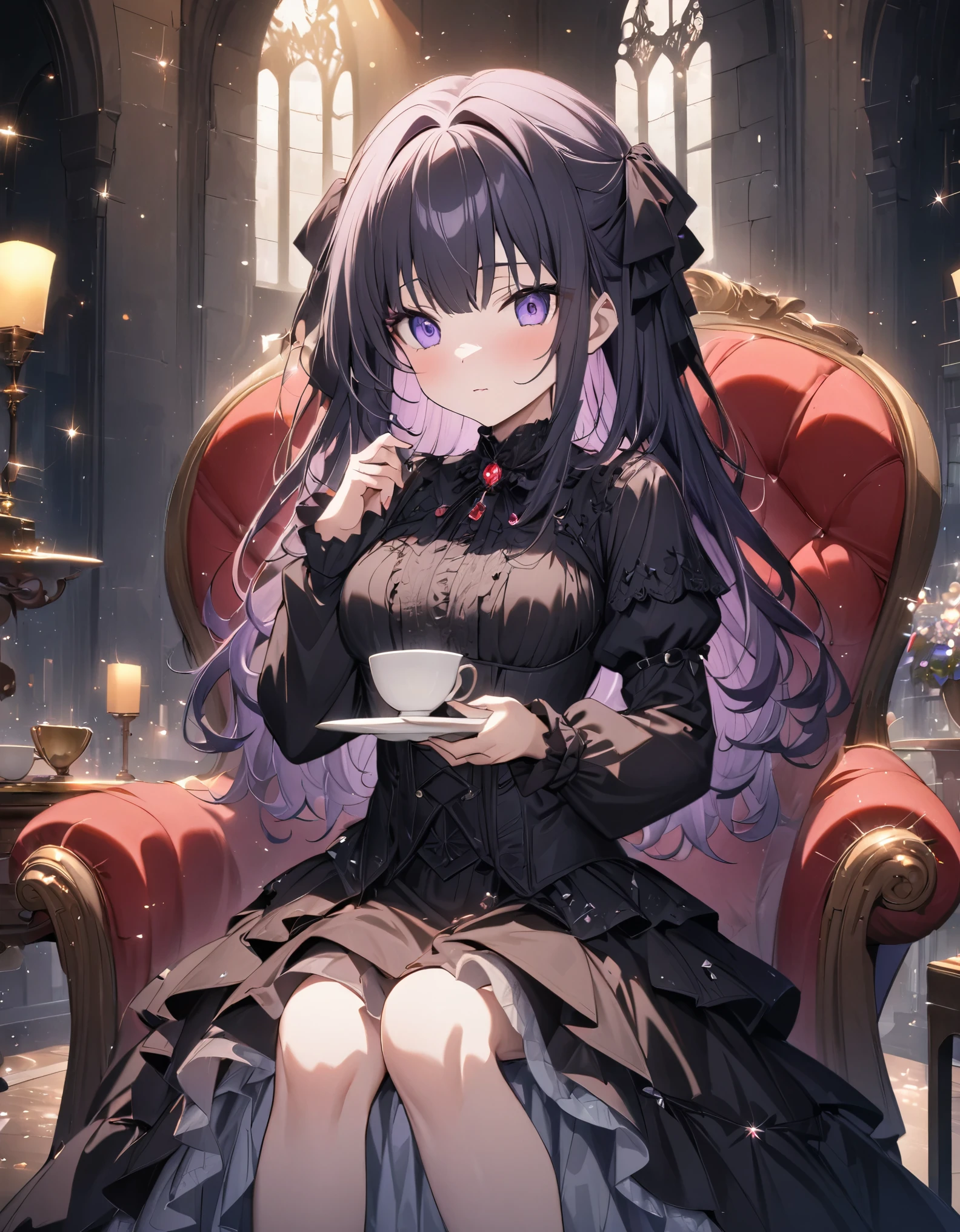 anime style:1.4),超High resolution, Attention to detail, high quality, High resolution, 最high quality, 4K, 8K、bokeh, background, glitter,f/28mm、A room filled with light、Gothic dresses、Gothic room、Sitting in a chair drinking tea、Lady、(Purple Hair:0.5)