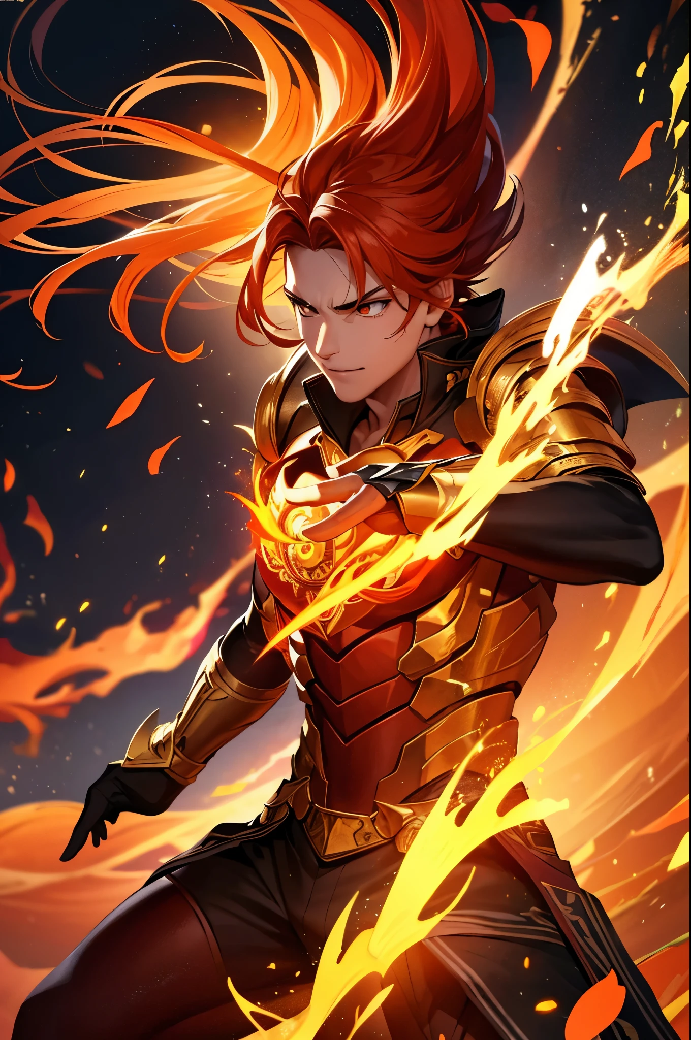 8K,A very young boy, the God of Fire, clothed in the energy of a 16-year-old.,Super handsome(Like the real thing),He looks at the audience with a fearless smile.,Orange Hair,Orange Flame Armor(Fire God Crest),Orange Flame Gauntlet(Fire God Crest),Orange Flame Leg Guards(Fire God Crest),Dark and desolate land,Photorealistic RAW photos of the highest quality。Bright colors,Rich colors, Backlight, Cinema Lighting, Film Grain, 50mm lens, Nikon D850,Realistic Skin,Fantasy art,Character Art,Ultra-high resolution,Realistic Skin,Extremely strong and defined abs,bulging muscles,A 16-year-old boy who is the god of fire,Golden Eyes,Black Flame God Outfit(Orange flame emblem filigree),