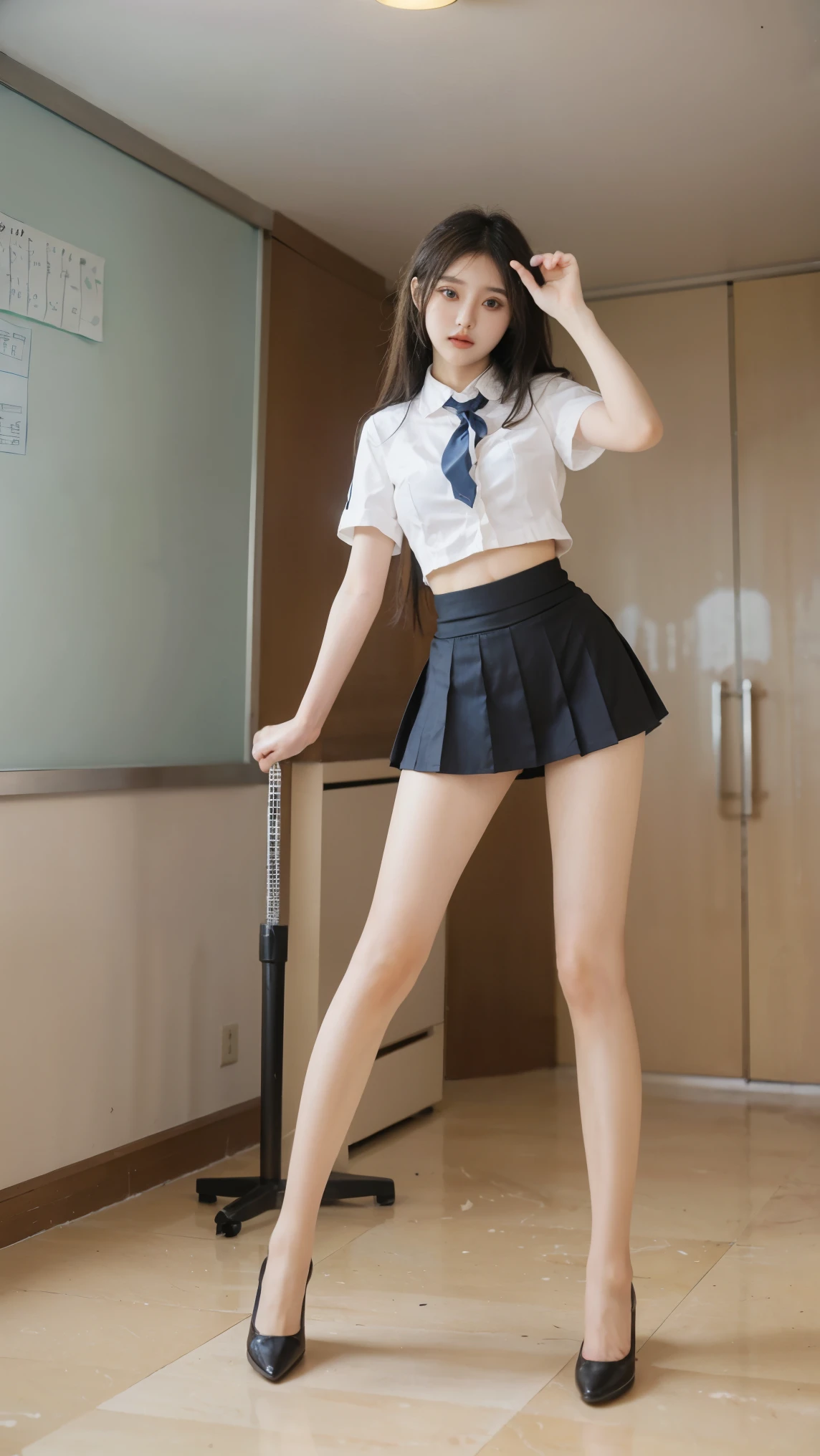 ((masterpiece)),(((最high quality))),(((((A full-body shot of a girl from floor height:1.7)))))，((Photograph the whole body from knee height:1.5)),((((((Stand up straight with your legs together:1.9))))))，((Thin thighs)),((Long legs)),(((Girl standing in a school classroom:1.5))),(((Micro Mini Skirt Uniform:1.6)))，((tall:1.6))，Japanese high school girls wearing summer uniforms,Wearing a red checked tie,Wearing a short-sleeved white shirt,The bra is clearly visible through the fabric，Blue checked mini skirt,16 years old,bangs,A small smile,pretty girl，Slender girl，Black Loafers，Short navy blue socks，cute,cute,Black hair ponytail，Thin legs，Slim model body shape，Very small waist，Small hips，Long legs，long thighs，Thin thighs，Thin hands,Long hands，((((Photograph the whole body from below:1.7)))),((k-popのIVEのWONYOUNGにそっくりの女の子:1.9)),((Face your whole body straight ahead:1.8)),((tall:1.4)),(Stand with your legs straight and without bending your knees:1.7),((Stand up straight:1.7)),((Keep your hips facing forward:1.7)),The ankles are super thin,Beauty,Fine skin,Firm skin,引き締まったThin legsの肌を細部までリアルに再現,Super detailed, High detail, high quality, Awards,High resolution,(Anatomically correct:1.3),(8K,Raw photo,最high quality,masterpiece:1.5),(((Take a full-body photo of a girl with her panties visible from underneath))),((White panties)),(((She is taking a photo alongside three other girls from her class.:1.5))),3人ともスリムでcute,((Stand up straight with your legs together:1.7))