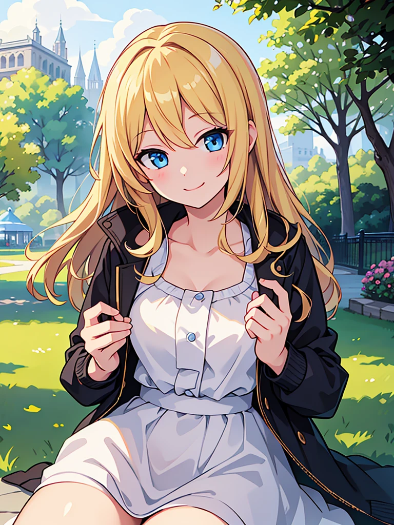 masterpiece, Highest quality, One girl, beautiful, Are you okay, delicate, Very complicated, detailed, Blonde, Jacket, blue eyes, ((masterpiece)), extremely detailed, Highest quality, High resolution, ((at the park)), Bridget, smile,  