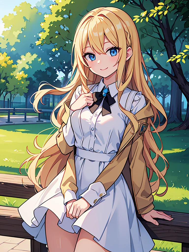 masterpiece, Highest quality, One girl, beautiful, Are you okay, delicate, Very complicated, detailed, Blonde, Jacket, blue eyes, ((masterpiece)), extremely detailed, Highest quality, High resolution, ((at the park)), Bridget, smile,