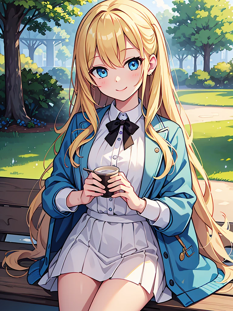 masterpiece, Highest quality, One girl, beautiful, Are you okay, delicate, Very complicated, detailed, Blonde, Jacket, blue eyes, ((masterpiece)), extremely detailed, Highest quality, High resolution, ((at the park)), Bridget, smile,