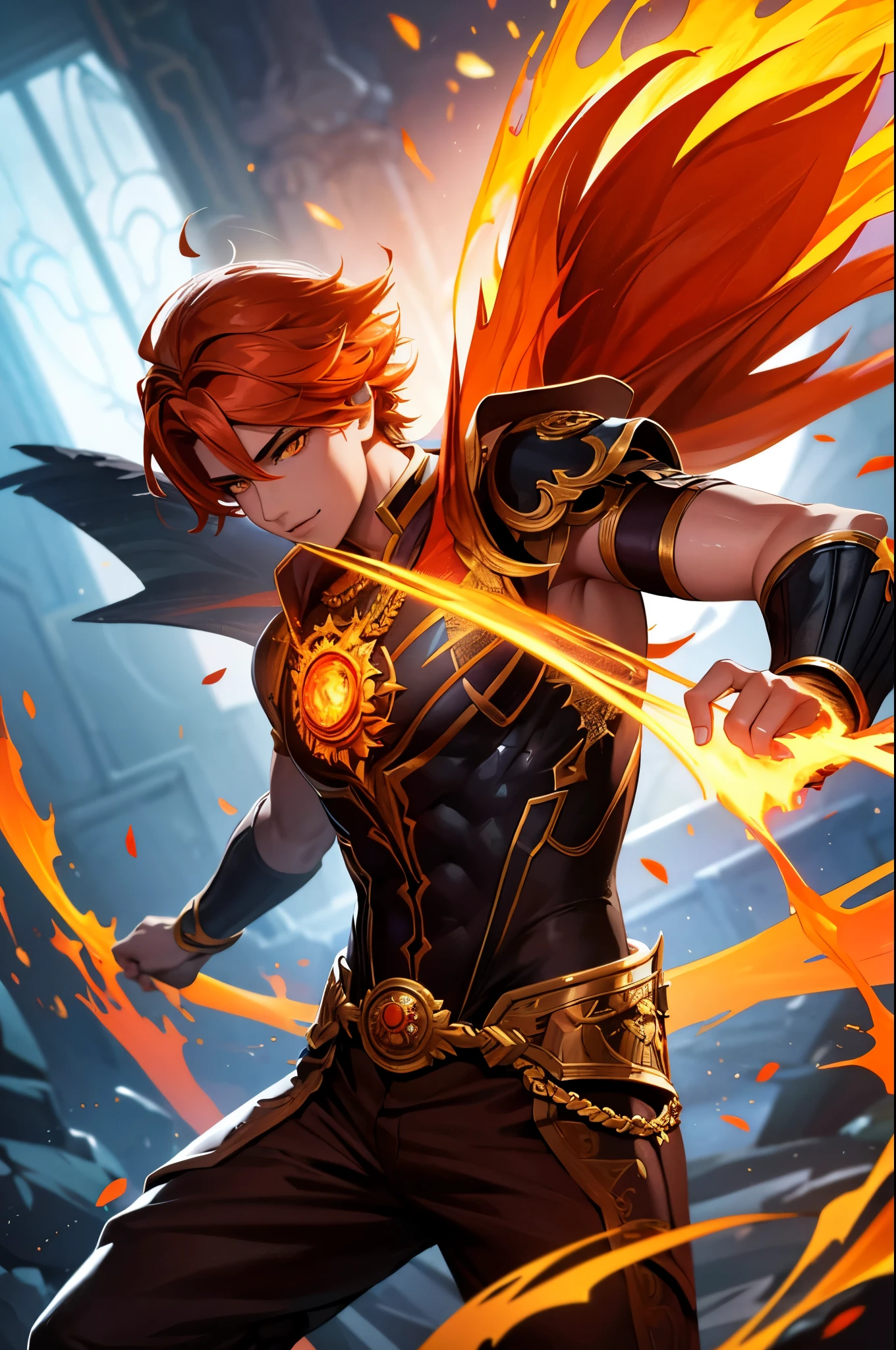 8K,A very  boy, the God of Fire, clothed in the energy of a 16-ye-oluper dsome(Like the real thing),He looks at the audience with a fearless smile.,Orange Hair,Orange Flame Armor(Fire God Crest),Orange Flame Gauntlet(Fire God Crest),Orange Flame Leg Guards(Fire God Crest),Dark and desolate land,Photorealistic RAW photos of the highest quality。Bright colors,Rich colors, Backlight, Cinema Lighting, Film Grain, 50mm lens, Nikon D850,Realistic Skin,Fantasy art,Character Art,Ultra-high resolution,Realistic Skin,Extremely strong and defined abs,bulging muscles,A 16-year-old bowhothe gof fire,Golden Eyes,Black Flame God Outfit(Orange flame emblem filigree),Dynamic fighting pose,