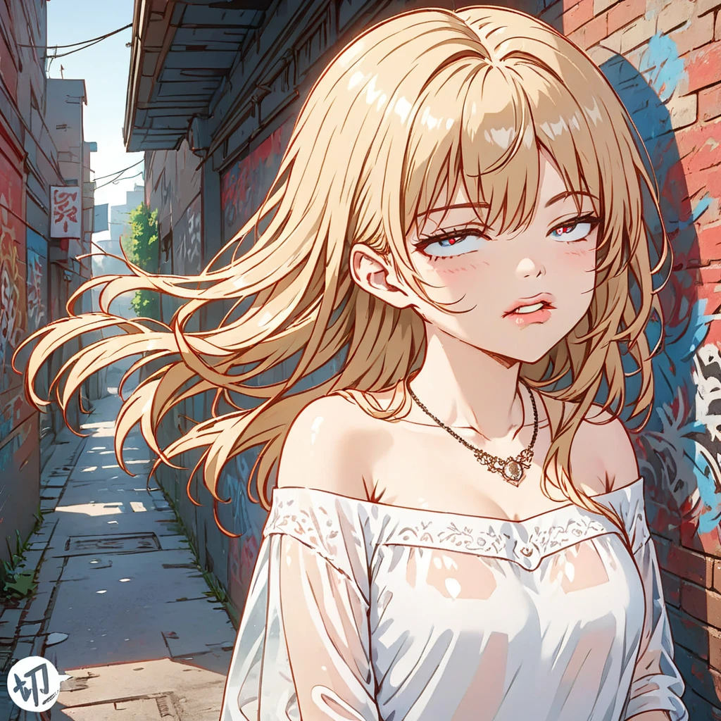 Ultra-realistic 8k CG, masterpiece, ((Ultra detailed background, Exquisite pattern, Intricate details)), best quality, Intricate detailss, Chromatic Aberration, 1 Girl, Long hair, blond, Messy hair, Red highlights, Hair covering one eye, Sharp eyes, Necklace, Brick Wall, Graffiti, Dim Lights, alley, Large-size shirt,Off-shoulder, See-through white shirt, masterpiece, best quality