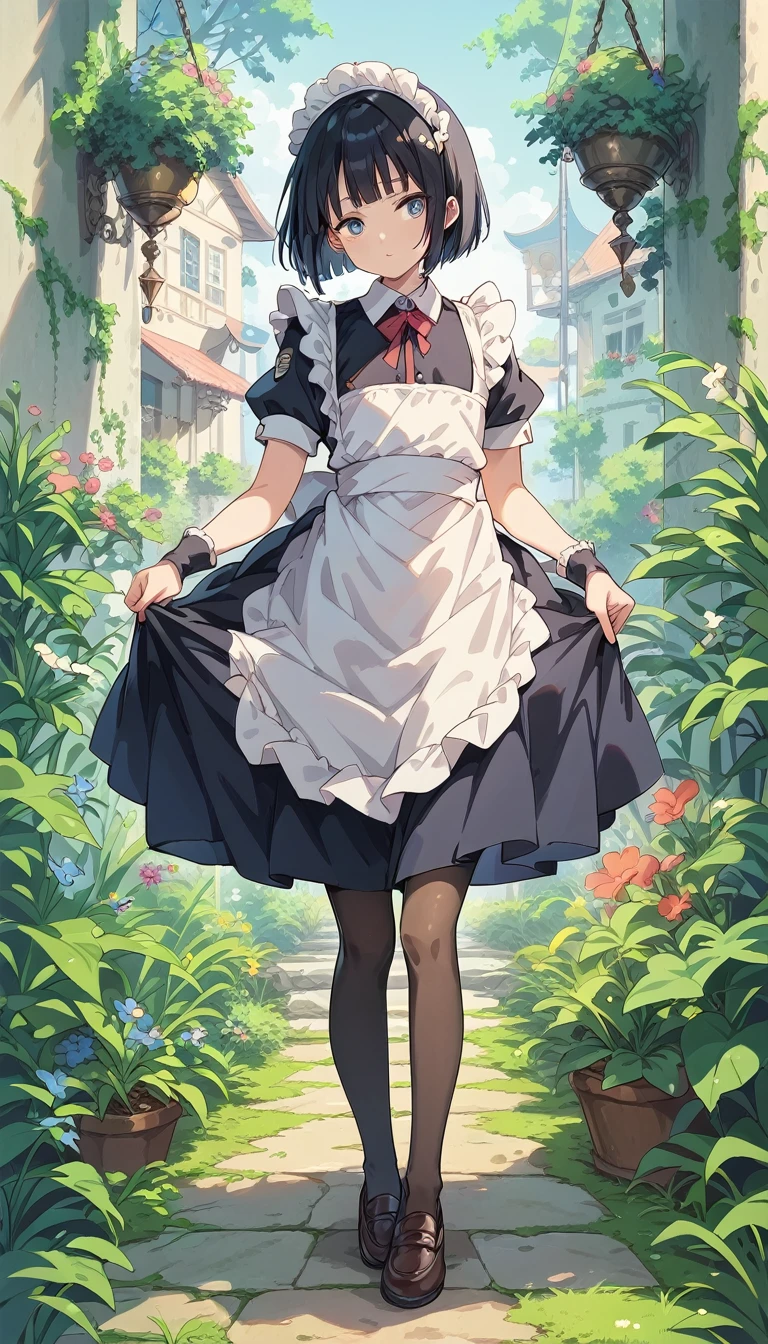 score_9, score_8_up, score_7_up,masterpiece,(bestquality),highlydetailed,ultra-detailed,1 boy, full body, soko, femboy, otokonoko, black hair, bobcut, tiny height, flat chest, maid cloth, maid headdress, loafers, pantyhose, simpla background