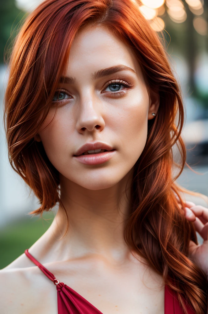 young woman,whole body,very detailed face, beautiful detailed eyes,light on face,Cinematic lighting,Looking at the viewer,on open air,Red hair, young woman в сексуальном красном белье