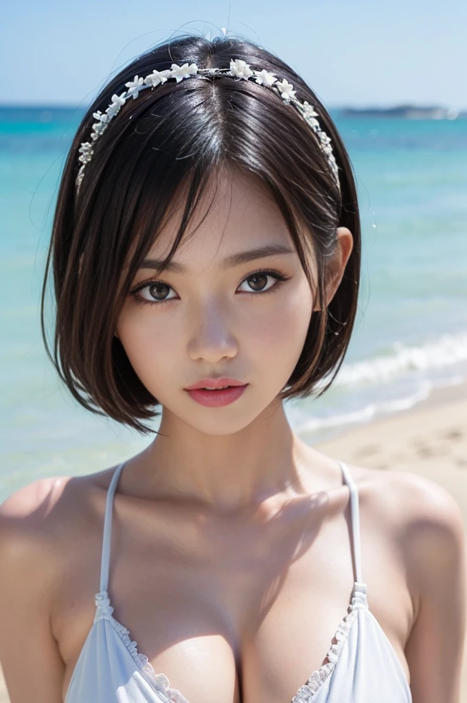 ((Highest quality)),((8K、32k)),(Genuine)、(detailed)、((Beach))、((Bust up shot))、((face closeup))、(White skin)、(Big Breasts)、The best balance between face and shoulder width、Micro Bikini、Shiny Hair、Short Bob、Glowing Skin、Japanese、beauty、Looking into the camera、Thick lips、kawaii、Hehehe:1.2、Shot with a film camera、RAW shooting、#24、Genuine、フォトGenuine:1.4、Photon Mapping、Physically Based Rendering、Perfect Anatomy、detailedなデコルテ、detailedな目、detailedな二重、detailedな咬筋、detailedな鎖骨、Perfect Fingers、Finger Description、(品質 8K)、((White skin))、Avoid mascara、Hair with movement、detailedな毛穴、Natural light、detailedな描写、Blushing、Fine pores、Perfect cleavage、masterpiece、Blushing、detailedな腹筋、sexy、detailedな脇の下、(slender)、(Upper Body)、detailedな目元、1 person、