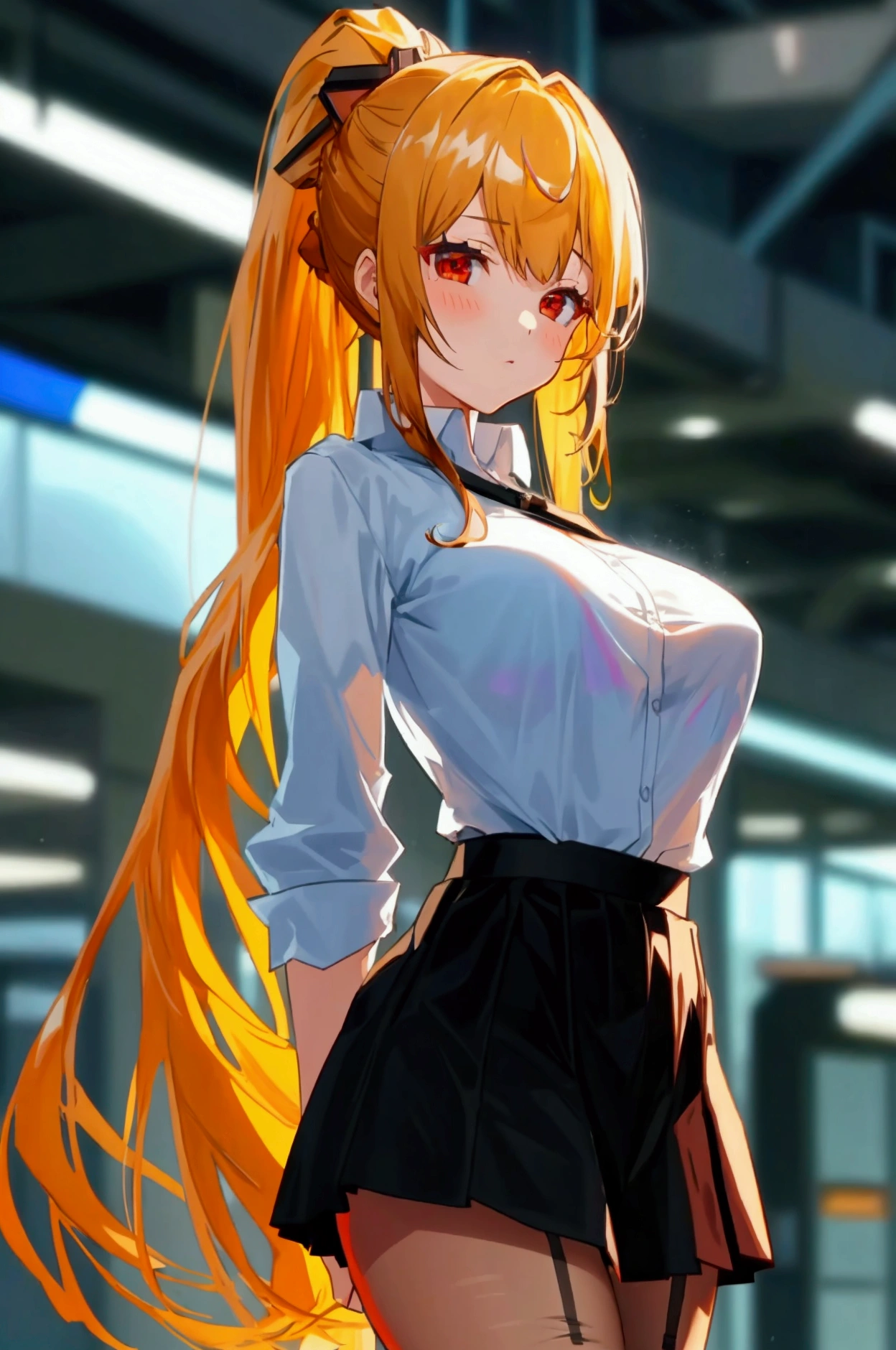 , 1girl, masterpiece, long hair, ponytail, medium breasts, anime, , anime screencap, indoors, long bangs, hair ornament, white shirt, black pantyhose, black skirt, red eyes, dark brown hair, thighs, intricate shirt,