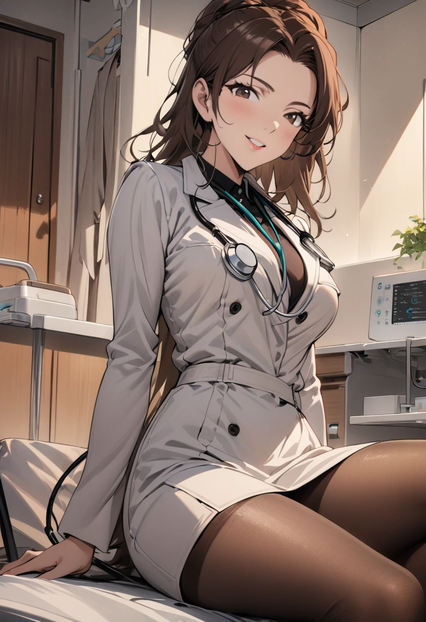 1 lady only, sitting down, (looking at the viewers), (white labcoat) stylish outfit, mature woman, /(dark brown hair/) bangss, kind smile, (masterpiece best quality:1.2) ultra-detailed delicate illustration, breasts big, pantyhose, /(NECK STETHOSCOPE/) break (hospital examination room) Inside the house, Desktop, detailed and bare background