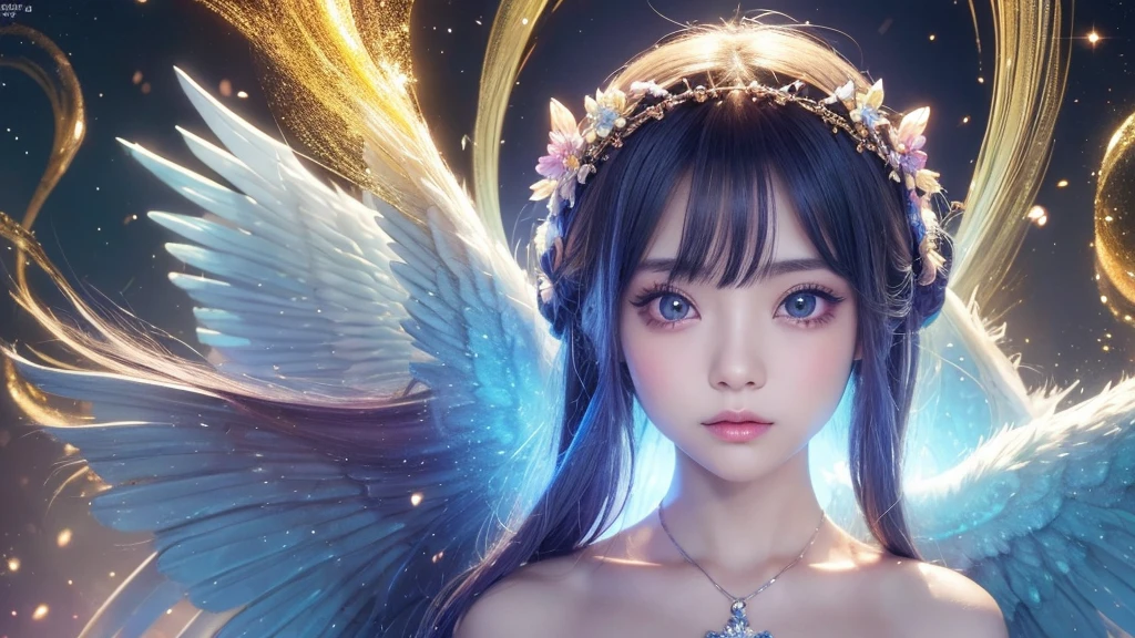 1920×1080、Real-life reality、heaven、Fantasy、Wrapped in dazzling light、眩Shiiほどの黄金色の光が降り注ぐ、god々Shii、Fantasy、Spreading its large wings、cute、Beauty、Adult female、Big Eyes、一人の美Shii天使の全身の画像を作ってください