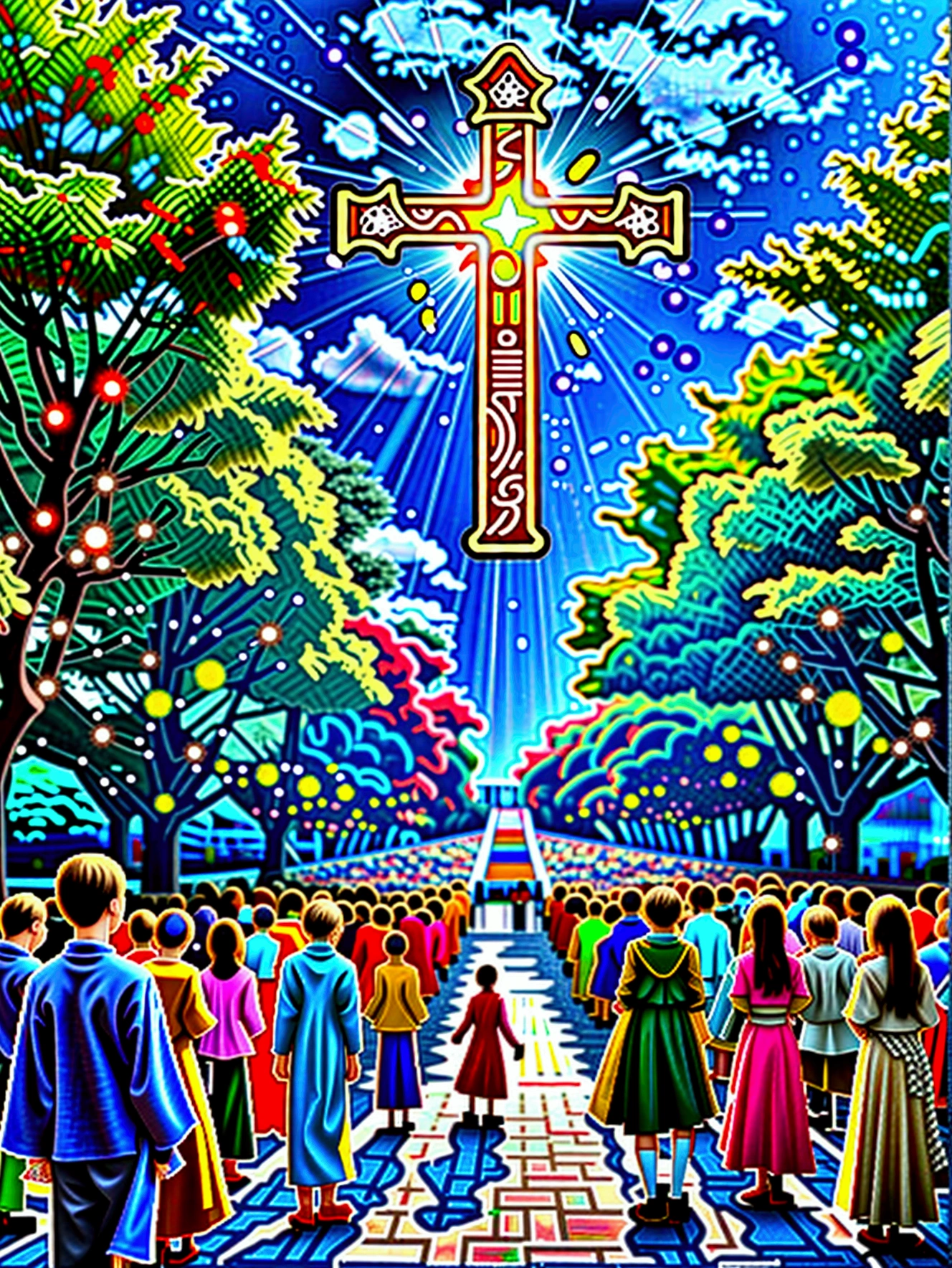 "Generate an AI-powered image summarizing the message of John 3:16. Envisioning a World Illuminated by God's Love, With a dazzling light that pierces the darkness. At the center of this awe-inspiring sight, cross描いた, Symbolizes the sacrifice of God's only begotten Son. cross、Diverse and united people from all walks of life々Group of, Representing the Inclusivity of God's Love. This image is、It should convey a deep sense of relief., Grace, And the promise of eternal life."