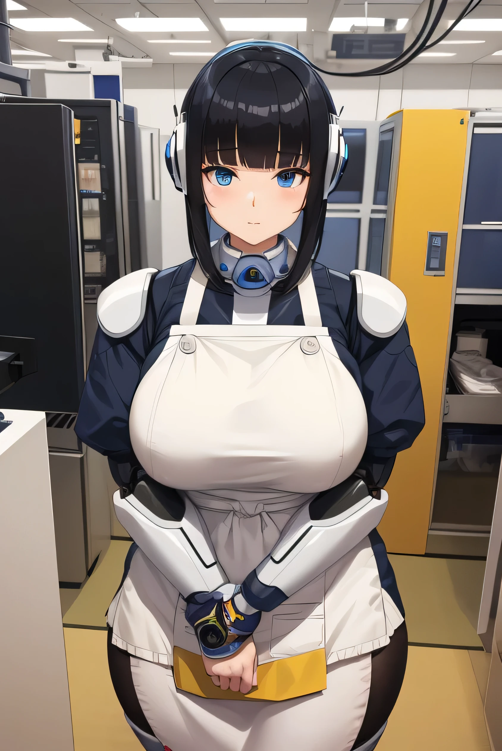 masterpiece, best quality, extremely detailed, Japaese android girl,Plump , hug,control panels,android,Droid,Mechanical Hand, Robot arms and legs, Black hair,Blunt bangs,perfect robot girl,long tube,thick cable connected her neck,apron,android,robot,humanoid,cyborg,japanese cyborg girl ,robot-assembly plant,She is assembled now,assembly scene,chest monitor,blue eyes