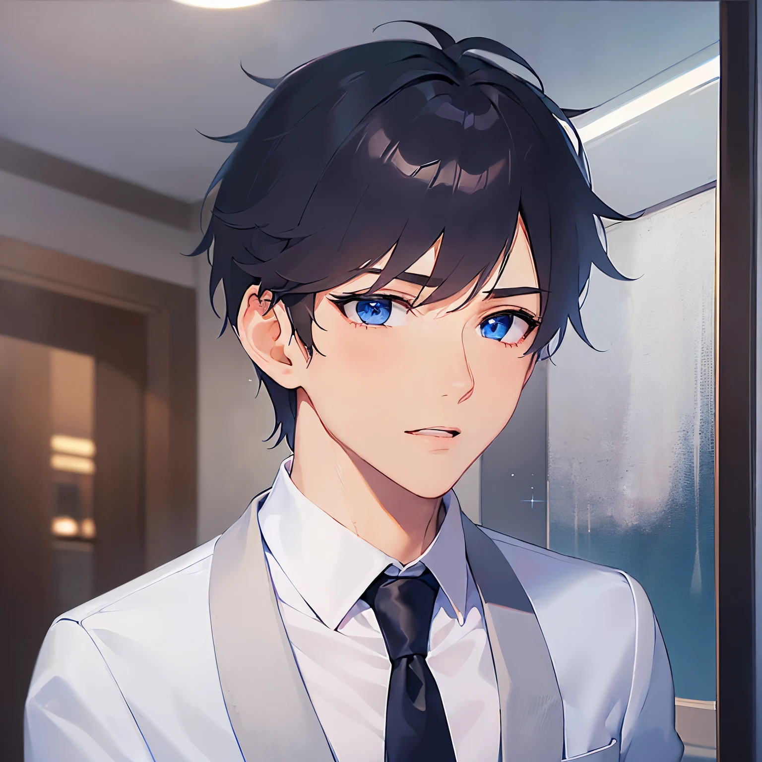 (25-year-old male:1.5) and (Black short hair) and (blue eyes)
(Wearing a suit:1.5) and (Blue tie)、(looking away:1.5),upper body、
shiny skin, masterpiece、Highest quality、
The hotel lobby in the background、(blush:1.4)、Panic、open mouth