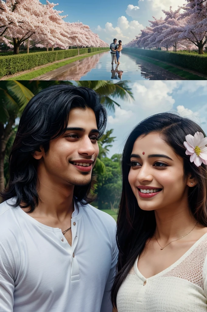 "A split-screen image showing Sidharth and Mini in their separate locations, both beaming with joy and relief. Their phone screens display loving messages, with animated hearts floating up. The background transitions from cloudy to sunny, symbolizing the clearing of uncertainty and the blossoming of their love."