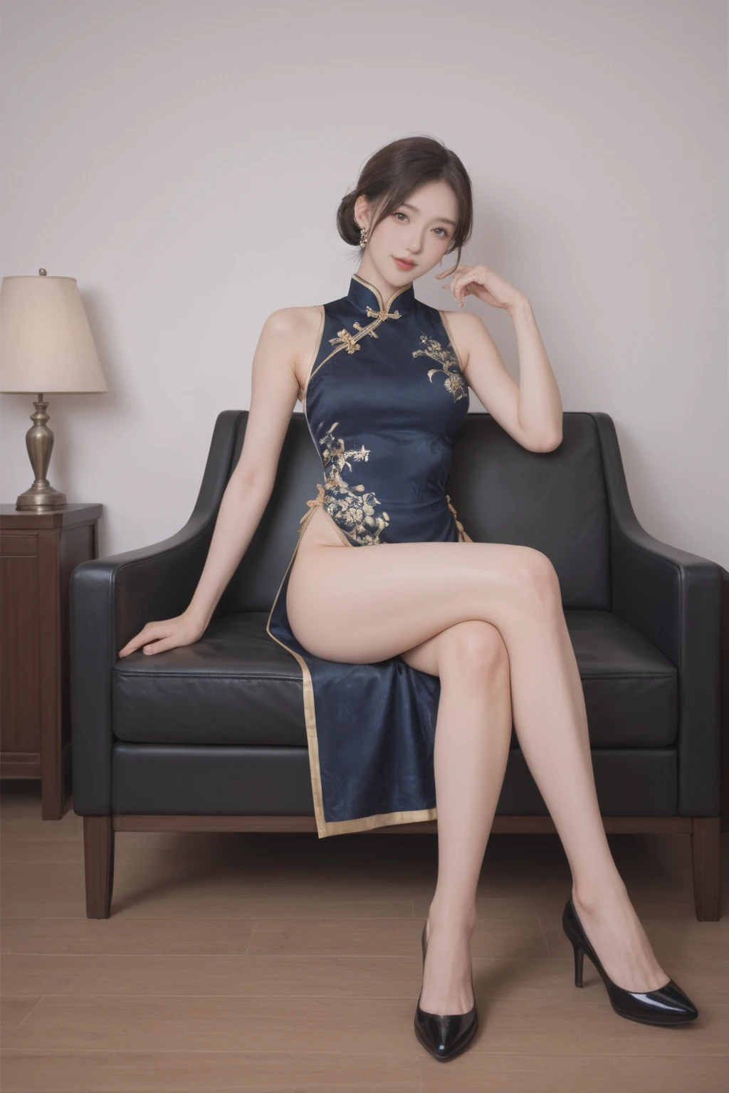 realistic,score_9, score_8_up, score_7_up, japanese adult woman,full body photography, elegant white sleeveless cheongsam dress, sitting, crossed legs, high heels