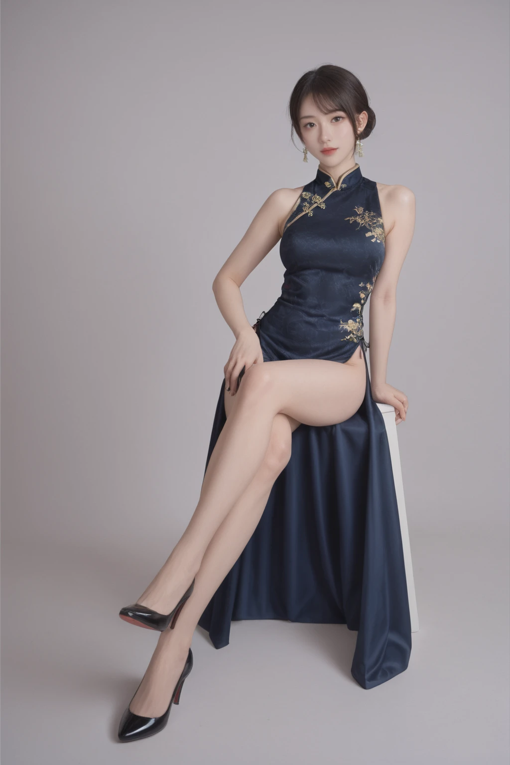 realistic,score_9, score_8_up, score_7_up, japanese adult woman,full body photography, elegant white sleeveless cheongsam dress, sitting, crossed legs, high heels
