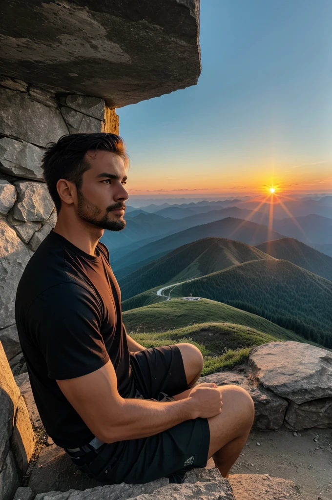 A man sitting at the peak of a mountain to watch a sunset
