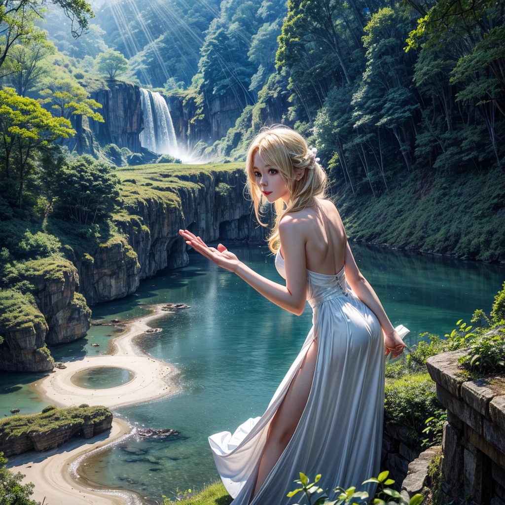 Blonde beauty in a sexy white long dress rides a flying dragon。One hand raised。Deep forest and lake below。blue sky。Sun rays flare。