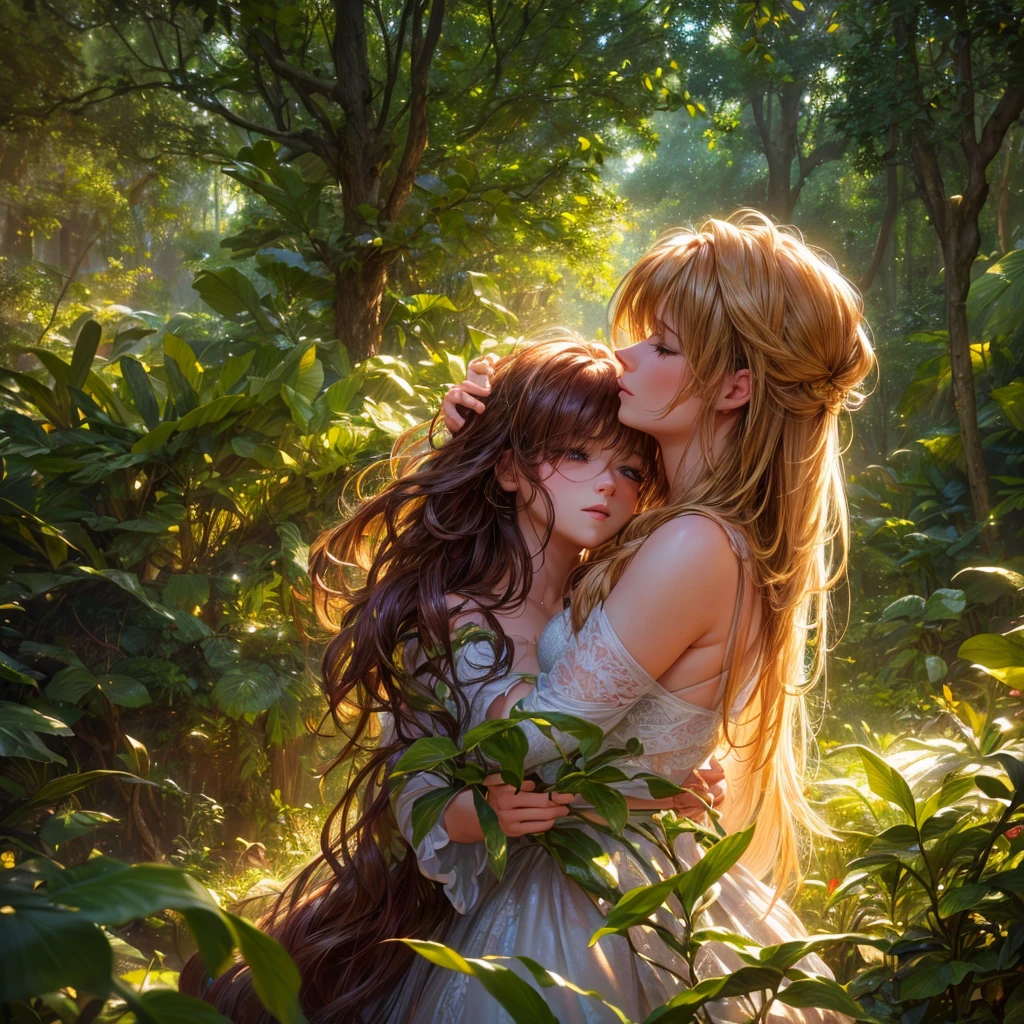 a beautiful romantic couple in a lush forest, (best quality,4k,8k,highres,masterpiece:1.2),ultra-detailed,(realistic,photorealistic,photo-realistic:1.37),intricate details,stunning lighting,warm color palette,vibrant foliage,dramatic shadows,intimate embrace,tender expressions,long flowing hair,elegant attire,dreamlike atmosphere