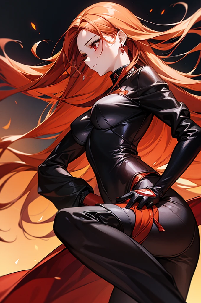 1girl, fire sparkle background upper up body, masterpiece, high quality, red ombre orange hair, long hair, tall girl, black outfit, cheerful, red eyes, black gloves, adult, earrings, latexs suit, side view