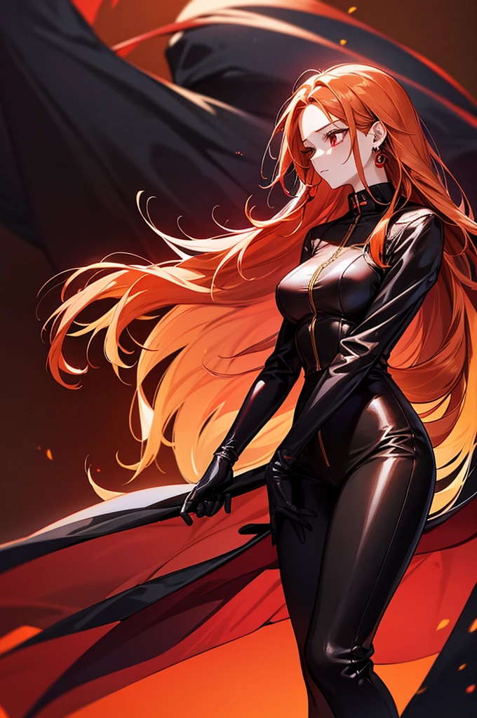 1girl, fire sparkle background upper up body, masterpiece, high quality, red ombre orange hair, long hair, tall girl, black outfit, cheerful, red eyes, black gloves, adult, earrings, latexs suit, side view