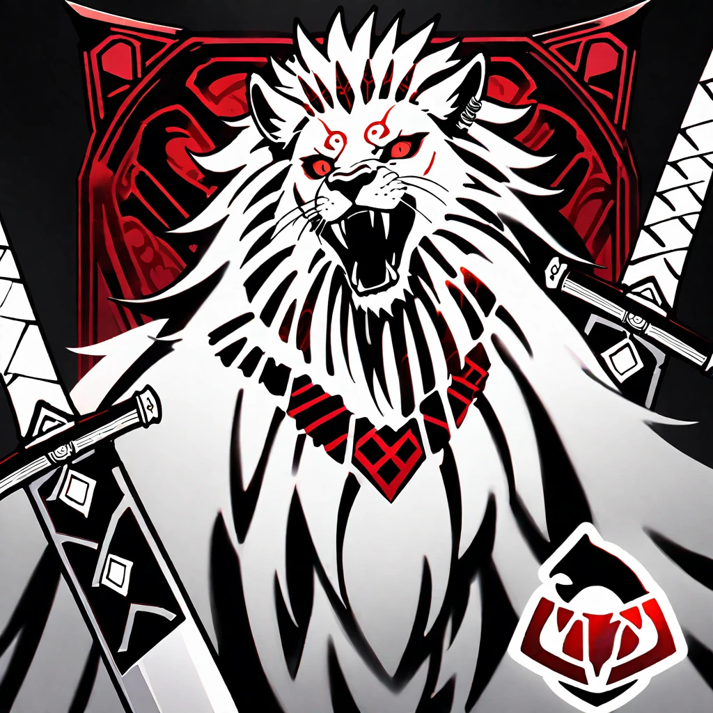 a beast, a lion-like creature, in red, black and white. Two swords pierce from inside her mouth and come out through her head. The beast displays a menacing look with crossed swords entering its mouth and piercing its head. two swords, two swords penetrating the creature. Badge of clan, icon, logo, simple background
