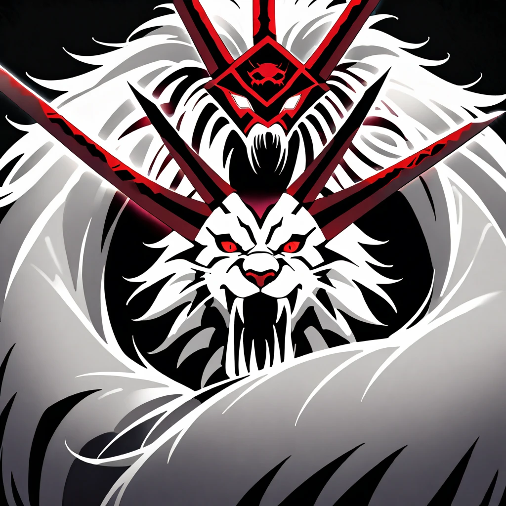 a beast, a lion-like creature, in red, black and white. Two swords pierce from inside her mouth and come out through her head. The beast displays a menacing look with crossed swords entering its mouth and piercing its head. two swords, two swords penetrating the creature. Badge of clan, icon, logo, simple background
