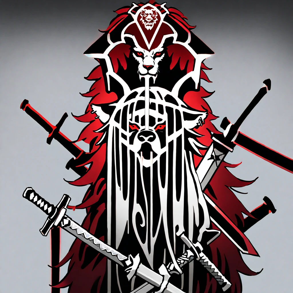 a beast, a lion-like creature, in red, black and white. Two swords pierce from inside her mouth and come out through her head. The beast displays a menacing look with crossed swords entering its mouth and piercing its head. two swords, two swords penetrating the creature. Badge of clan, icon, logo, simple background
