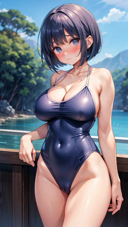 Navy blue old school swimsuit Female organ 濃いpubic hair pubic hair Are standing_Split Close-up of the crotch from directly below Bobcut Embarrassed blush Big Breasts